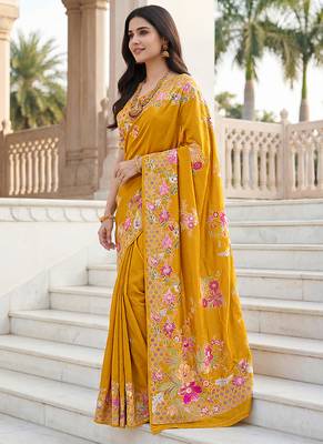 Mustard yellow russian silk saree with floral position print     festive & wedding wear 2