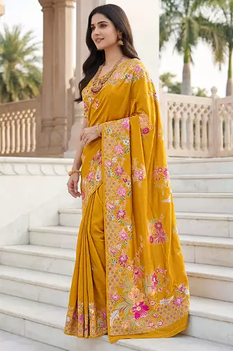 Mustard yellow russian silk saree with floral position print     festive & wedding wear