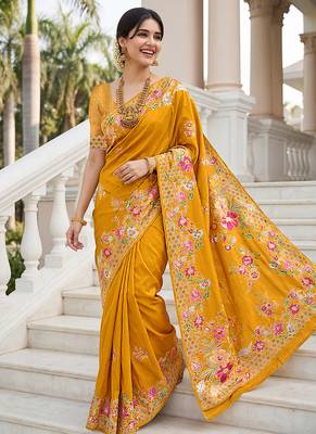 Mustard yellow russian silk saree with floral position print     festive & wedding wear 3