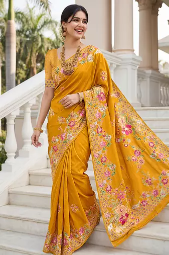 Mustard yellow russian silk saree with floral position print     festive & wedding wear