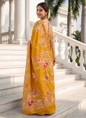 Mustard yellow russian silk saree with floral position print     festive & wedding wear 4