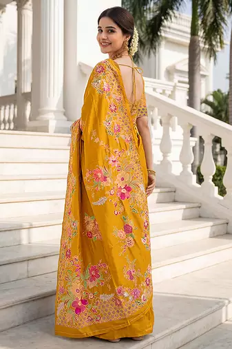 Mustard yellow russian silk saree with floral position print     festive & wedding wear