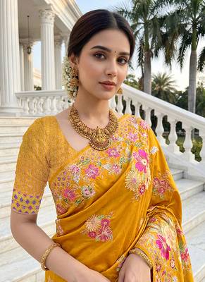 Mustard yellow russian silk saree with floral position print     festive & wedding wear 5