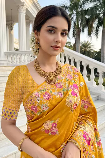 Mustard yellow russian silk saree with floral position print     festive & wedding wear