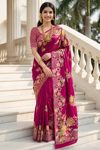 Rani pink russian silk saree with designer position print – premium wedding collection