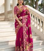 Rani pink russian silk saree with designer position print     premium wedding collection