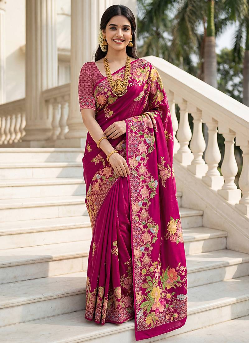 Rani pink russian silk saree with designer position print – premium wedding collection