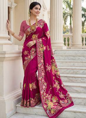 Rani pink russian silk saree with designer position print     premium wedding collection 2