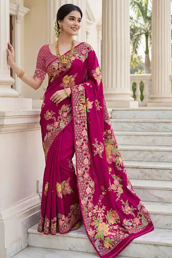 Rani pink russian silk saree with designer position print     premium wedding collection