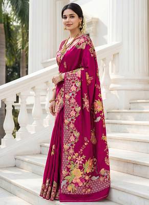 Rani pink russian silk saree with designer position print     premium wedding collection 3