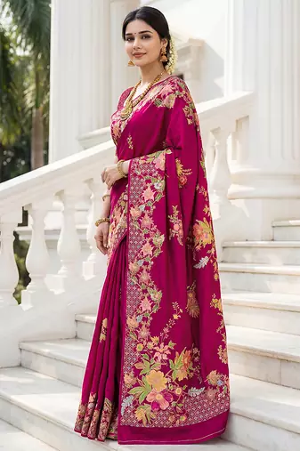 Rani pink russian silk saree with designer position print     premium wedding collection