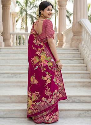 Rani pink russian silk saree with designer position print     premium wedding collection 4