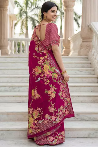 Rani pink russian silk saree with designer position print     premium wedding collection
