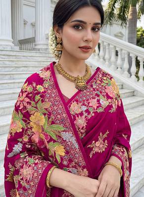 Rani pink russian silk saree with designer position print     premium wedding collection 5