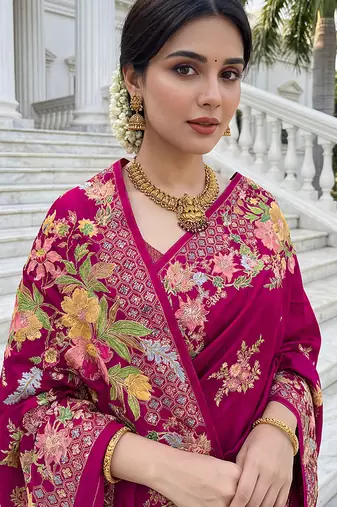 Rani pink russian silk saree with designer position print     premium wedding collection