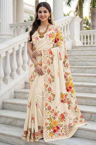 Elegant cream russian silk saree with floral position print