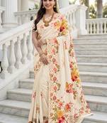 Elegant cream russian silk saree with floral position print