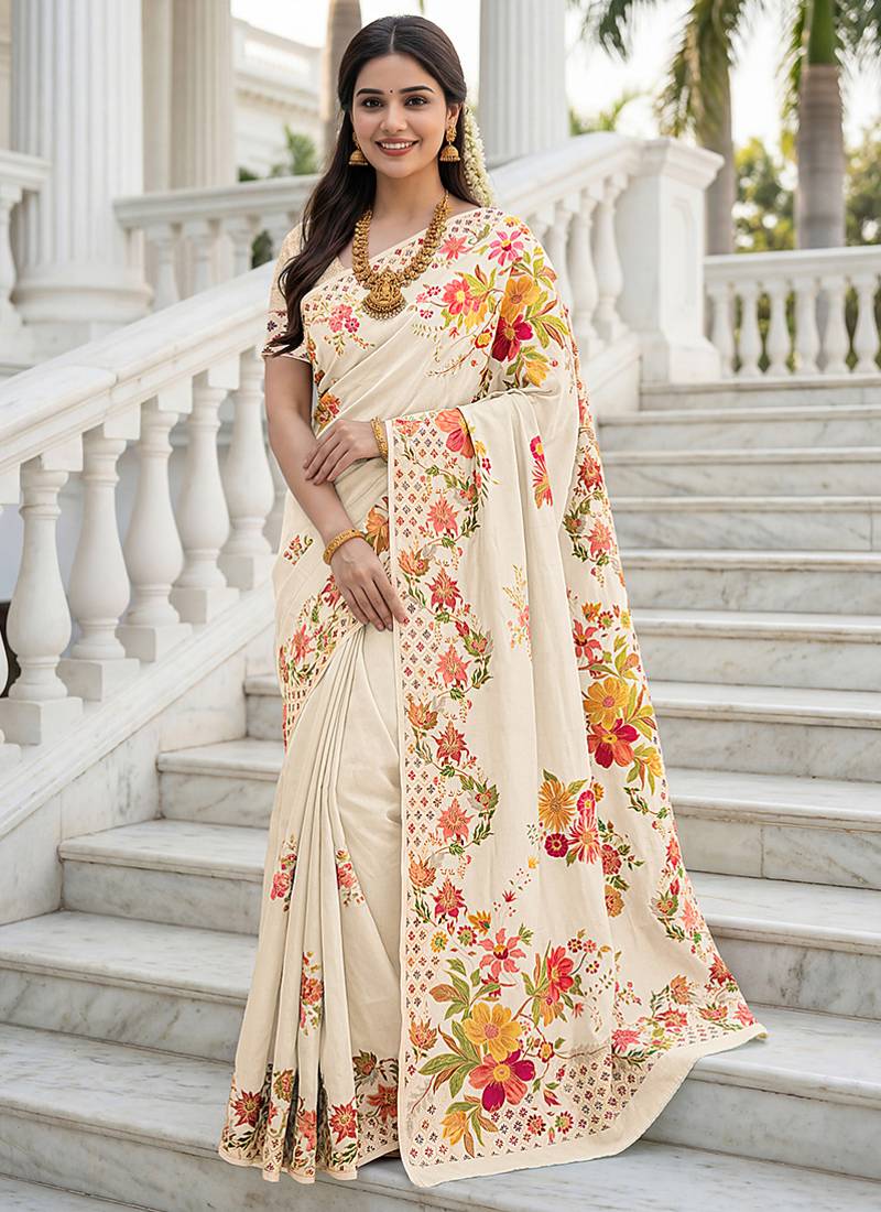 Elegant cream russian silk saree with floral position print
