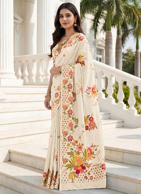 Elegant cream russian silk saree with floral position print 2