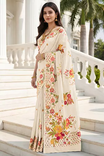 Elegant cream russian silk saree with floral position print