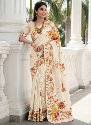 Elegant cream russian silk saree with floral position print 3