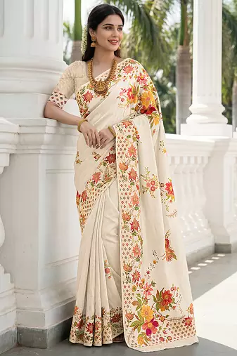 Elegant cream russian silk saree with floral position print