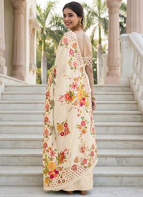 Elegant cream russian silk saree with floral position print 4