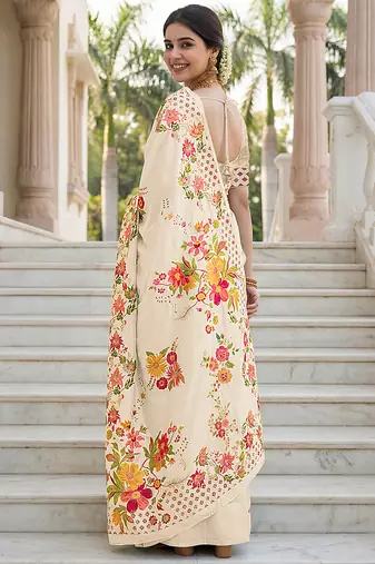 Elegant cream russian silk saree with floral position print