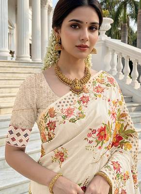 Elegant cream russian silk saree with floral position print 5