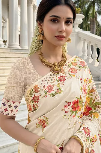 Elegant cream russian silk saree with floral position print