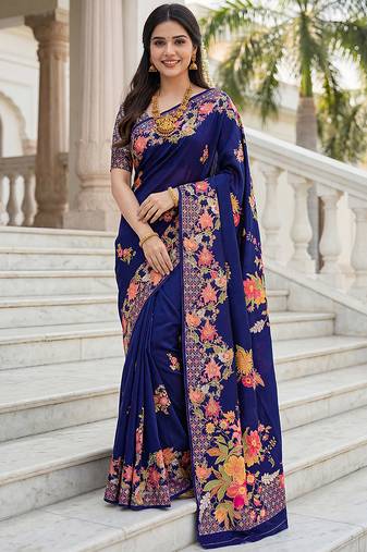 Premium russian silk saree with floral position print – wedding & festive wear