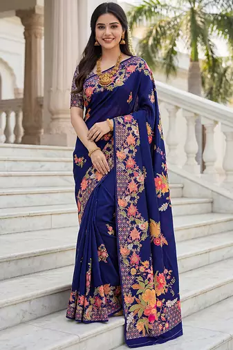 Premium russian silk saree with floral position print – wedding & festive wear