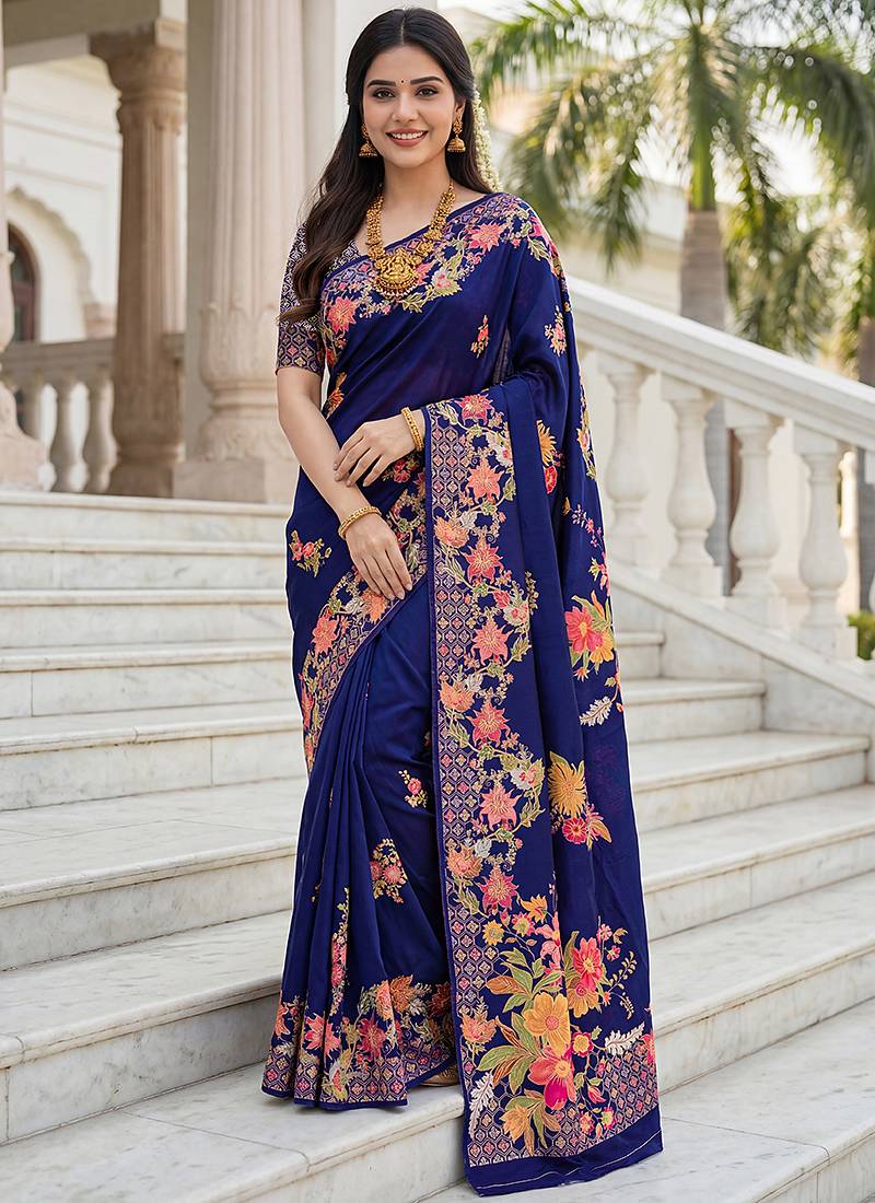 Premium russian silk saree with floral position print – wedding & festive wear