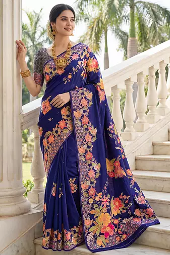Premium russian silk saree with floral position print     wedding & festive wear