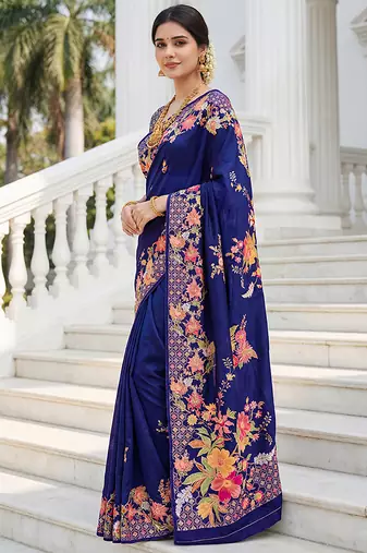Premium russian silk saree with floral position print     wedding & festive wear
