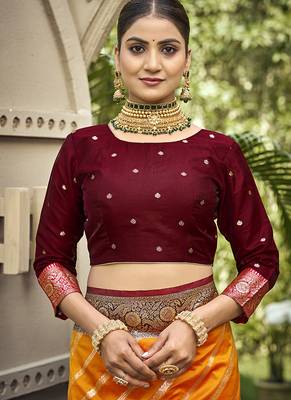 Elegant orange banarasi silk saree with maroon contrast blouse 5