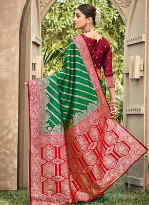 Bottle green & red banarasi silk saree with heavy woven zari work 2
