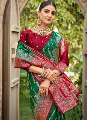 Bottle green & red banarasi silk saree with heavy woven zari work 4