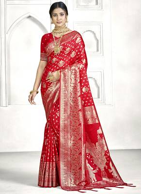 Red banarasi silk saree with traditional zari motifs & heavy zari border | wedding & festive wear 1