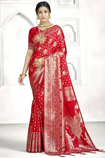 Red banarasi silk saree with traditional zari motifs & heavy zari border | wedding & festive wear