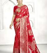 Red banarasi silk saree with traditional zari motifs & heavy zari border | wedding & festive wear