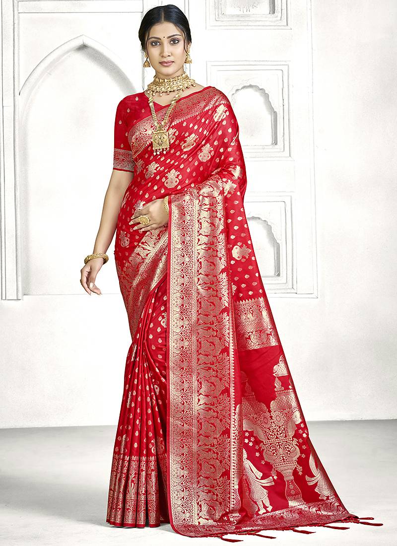 Red banarasi silk saree with traditional zari motifs & heavy zari border | wedding & festive wear