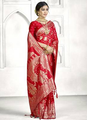 Red banarasi silk saree with traditional zari motifs & heavy zari border | wedding & festive wear 2