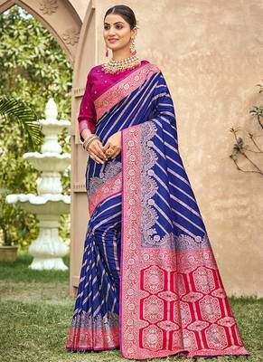 Royal blue & rani pink banarasi silk saree with traditional woven zari work 1