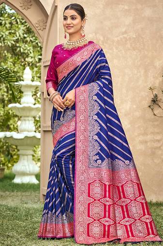 Royal blue & rani pink banarasi silk saree with traditional woven zari work