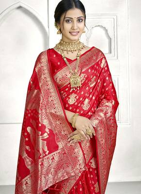 Red banarasi silk saree with traditional zari motifs & heavy zari border | wedding & festive wear 3