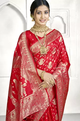 Red banarasi silk saree with traditional zari motifs & heavy zari border | wedding & festive wear