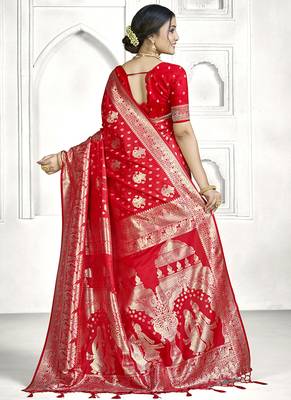 Red banarasi silk saree with traditional zari motifs & heavy zari border | wedding & festive wear 4