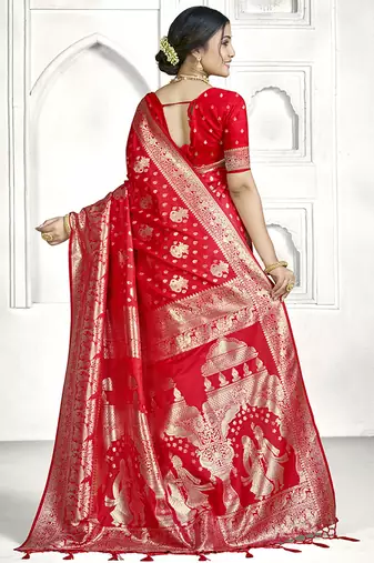 Red banarasi silk saree with traditional zari motifs & heavy zari border | wedding & festive wear