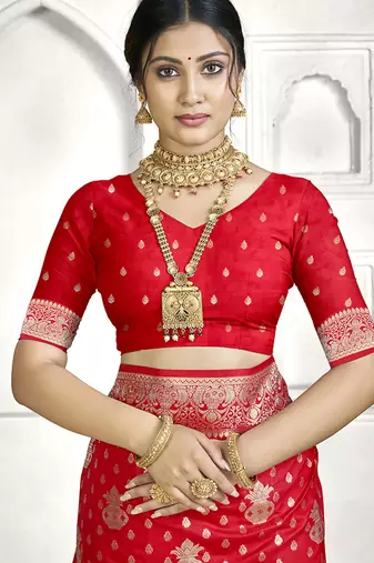 Red banarasi silk saree with traditional zari motifs & heavy zari border | wedding & festive wear